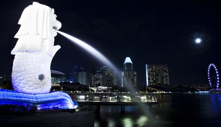 Der weltberühmte Merlion in Singapur wird nachts sehr schön angestrahlt